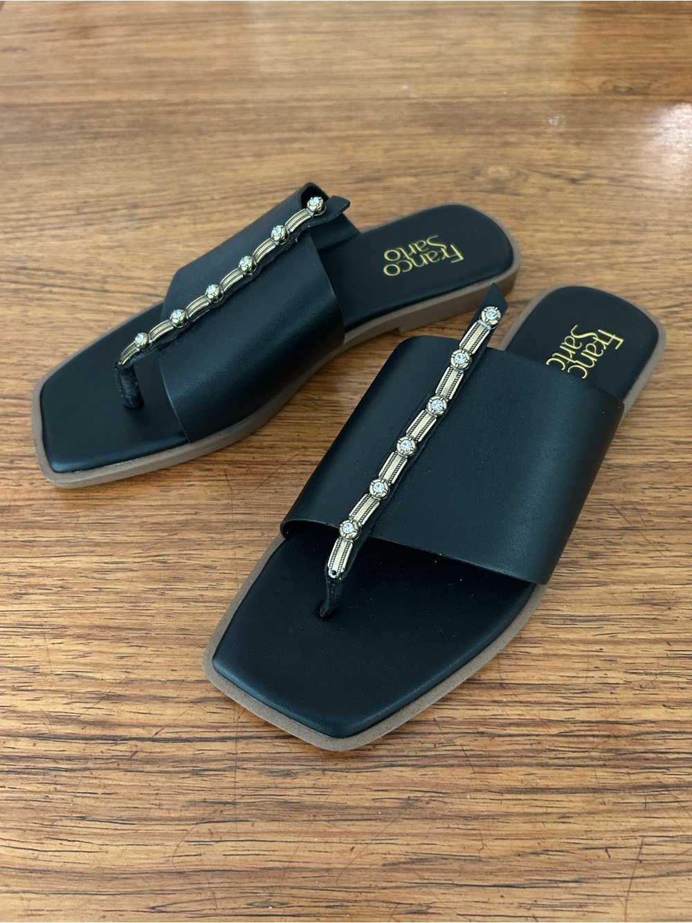 Franco Sarto Black Leather Rhinestone Square Toe Thong Slide Flat Sandals Sz 8